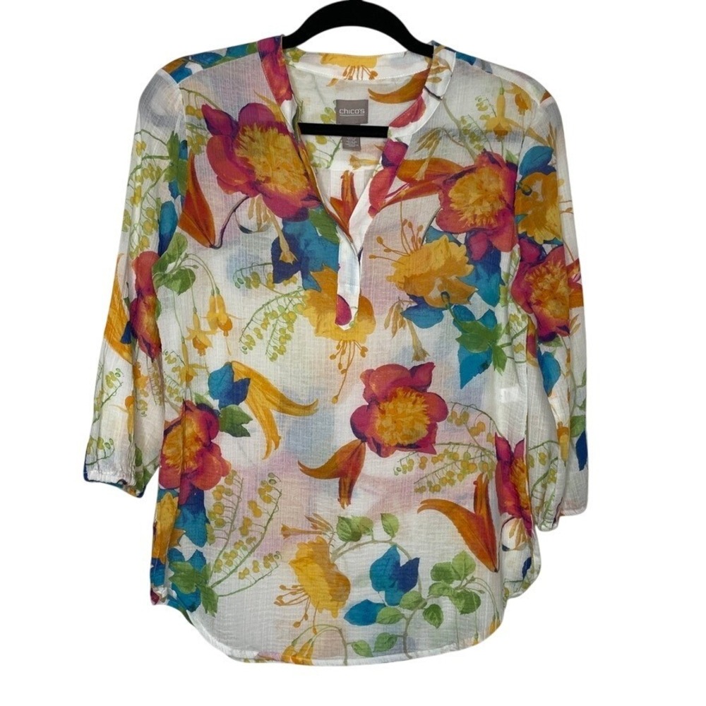 Chico's Floral Top Multicolor 3/4 Sleeve Split Neck Art to Wear Garden Party S